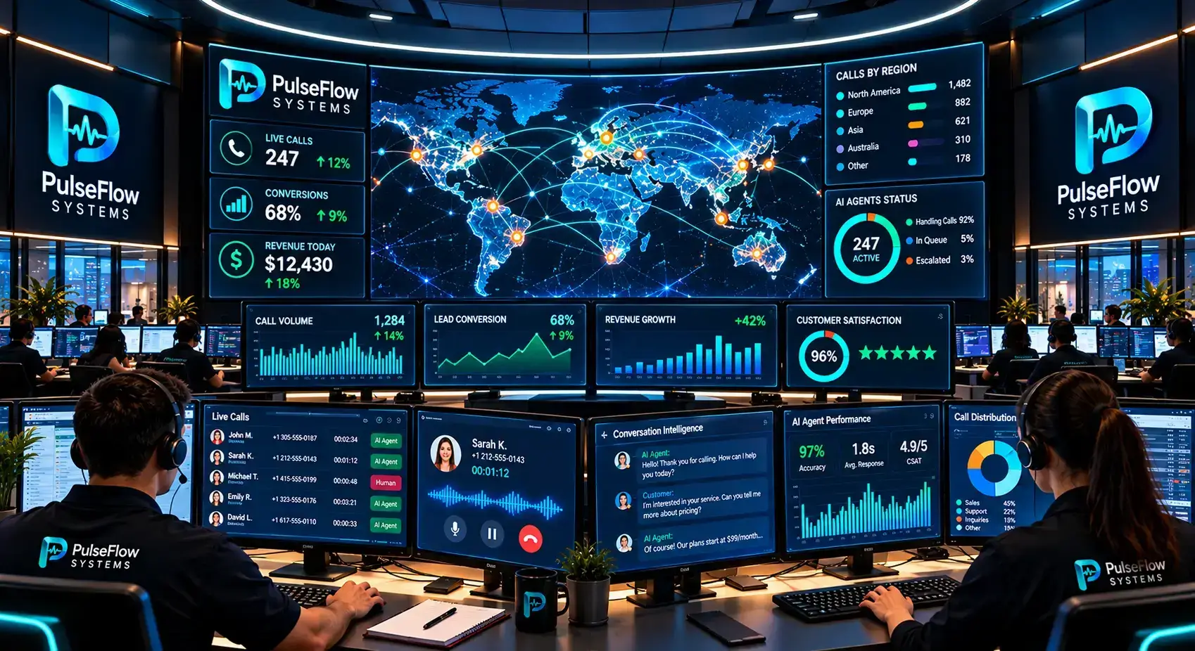 Aviation logistics control center with large panoramic displays showing global flights and weather alerts