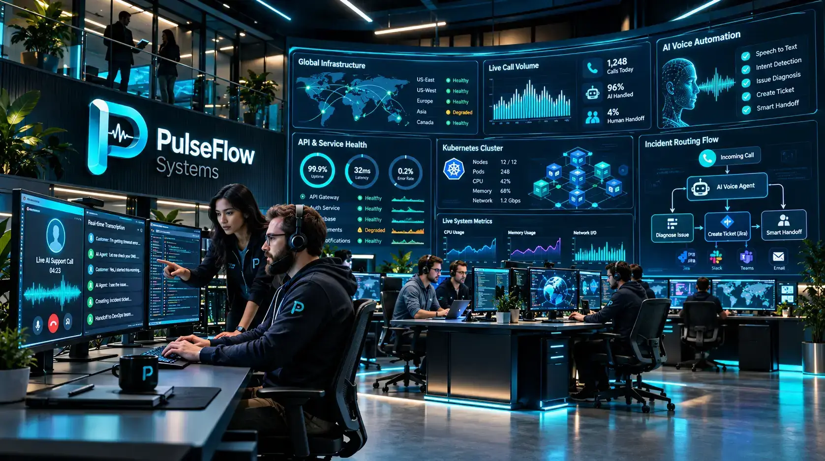 Enterprise developer operations command center with engineers diagnosing high-concurrency cloud clusters