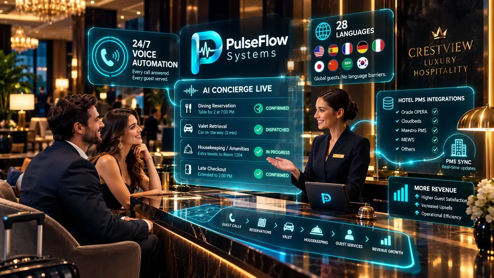 Luxury hotel concierge control desk with futuristic touch displays and multilingual translation interface