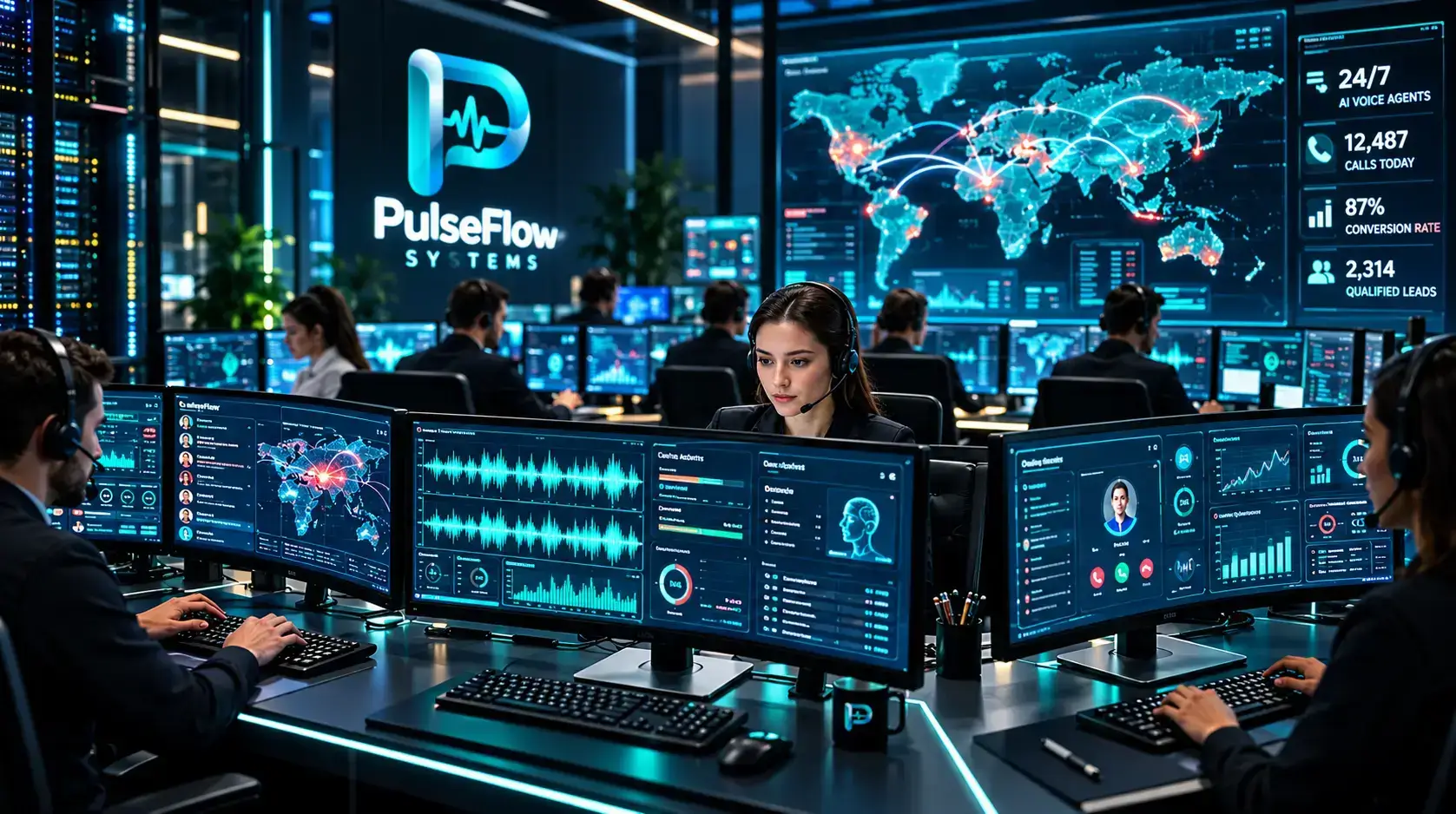 FinTech fraud detection operations room with live biometric waveforms and cryptographic verification